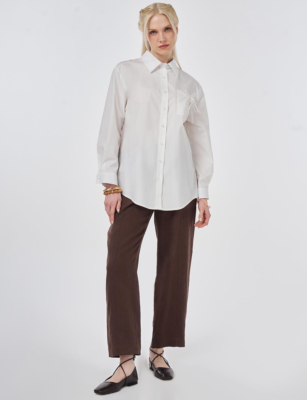 %100 Pamuklu Fiyonk Detaylı Bluz Optik Beyaz 