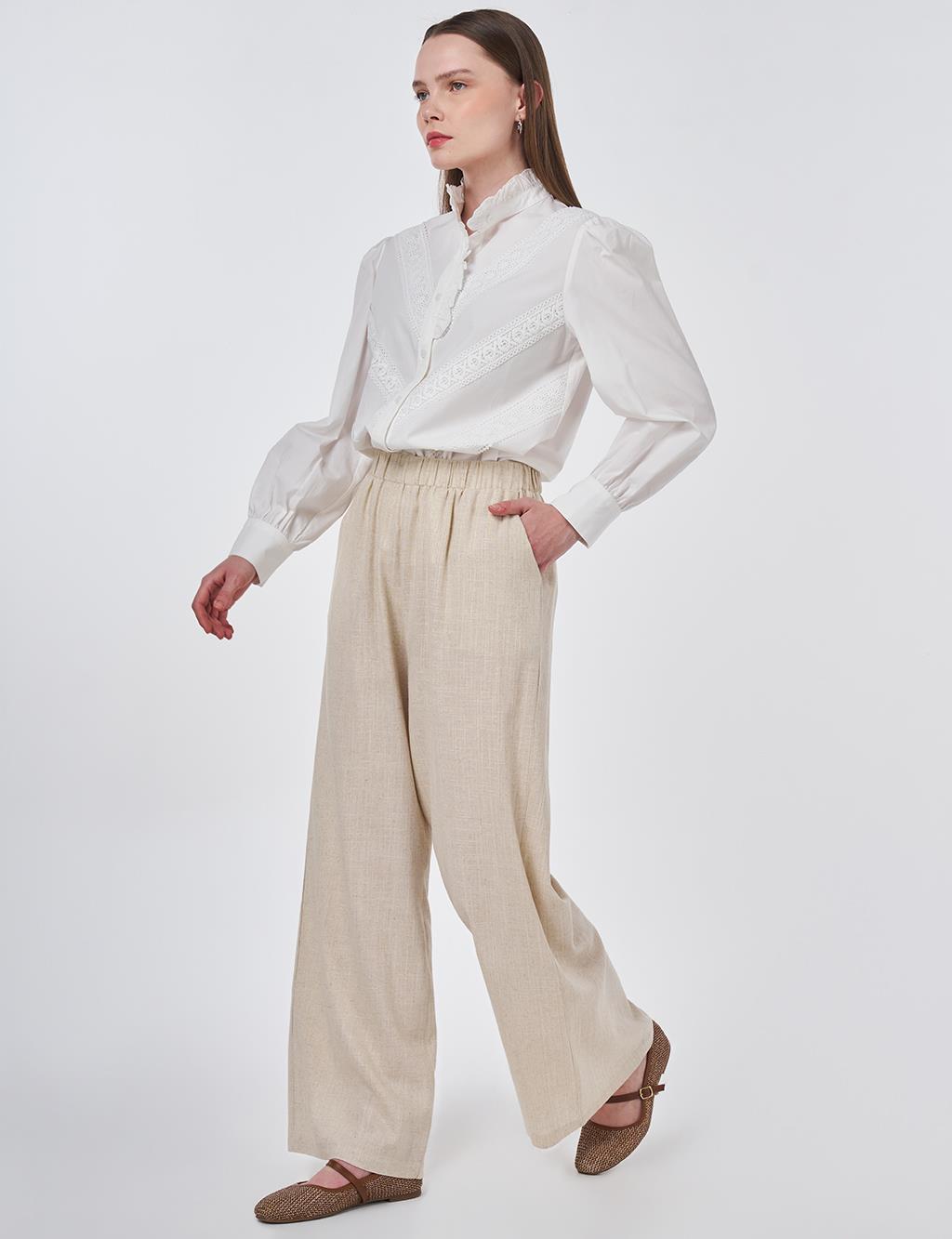 Bel Lastikli Keten Viskon Pantolon Taş