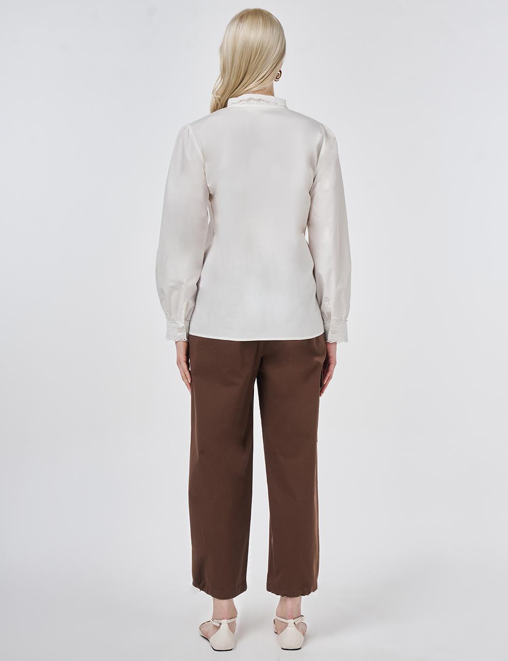 %100 Pamuklu Dantel Garnili Bluz Optik Beyaz 