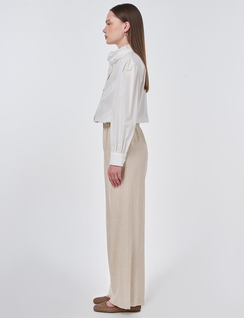 Bel Lastikli Keten Viskon Pantolon Taş