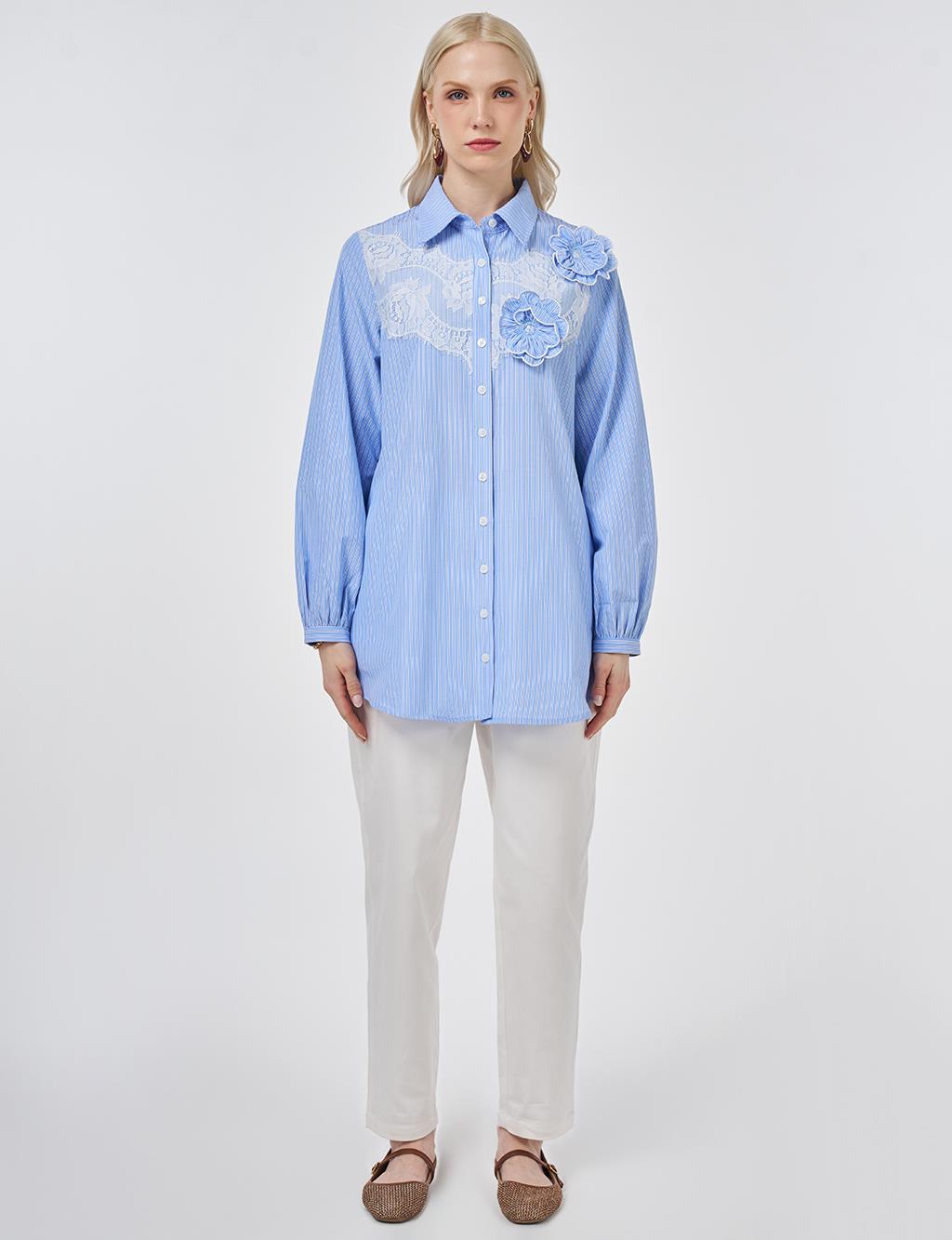 Lace-Trimmed Cotton-Viscose Tunic Light Aviator Blue
