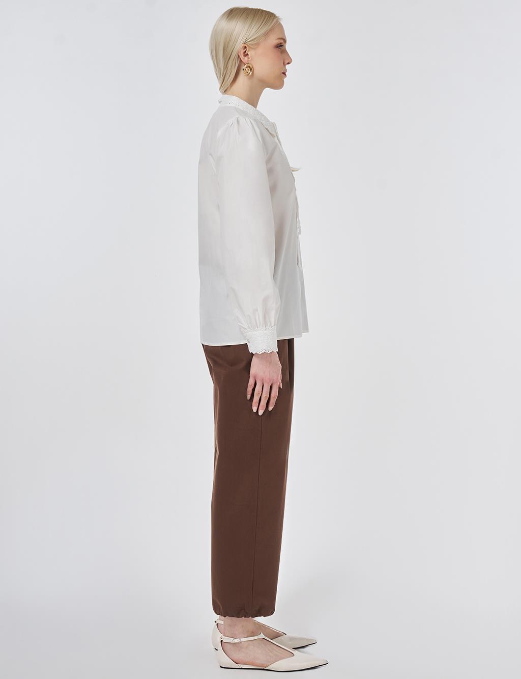 %100 Pamuklu Dantel Garnili Bluz Optik Beyaz 