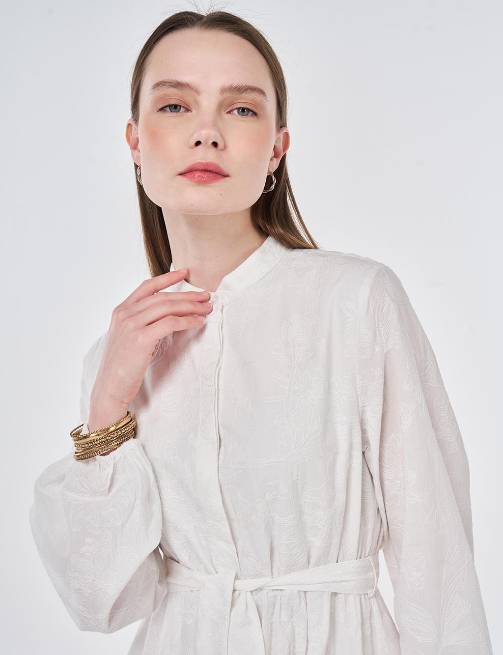 100% Cotton Embroidered Dress, Ecru