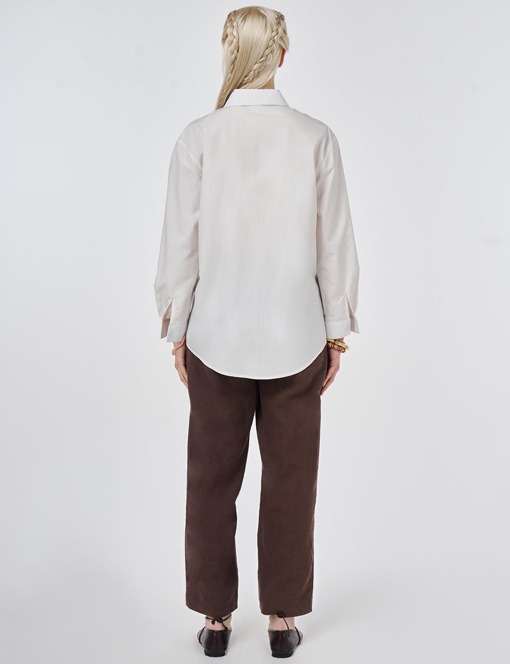 %100 Pamuklu Fiyonk Detaylı Bluz Optik Beyaz 