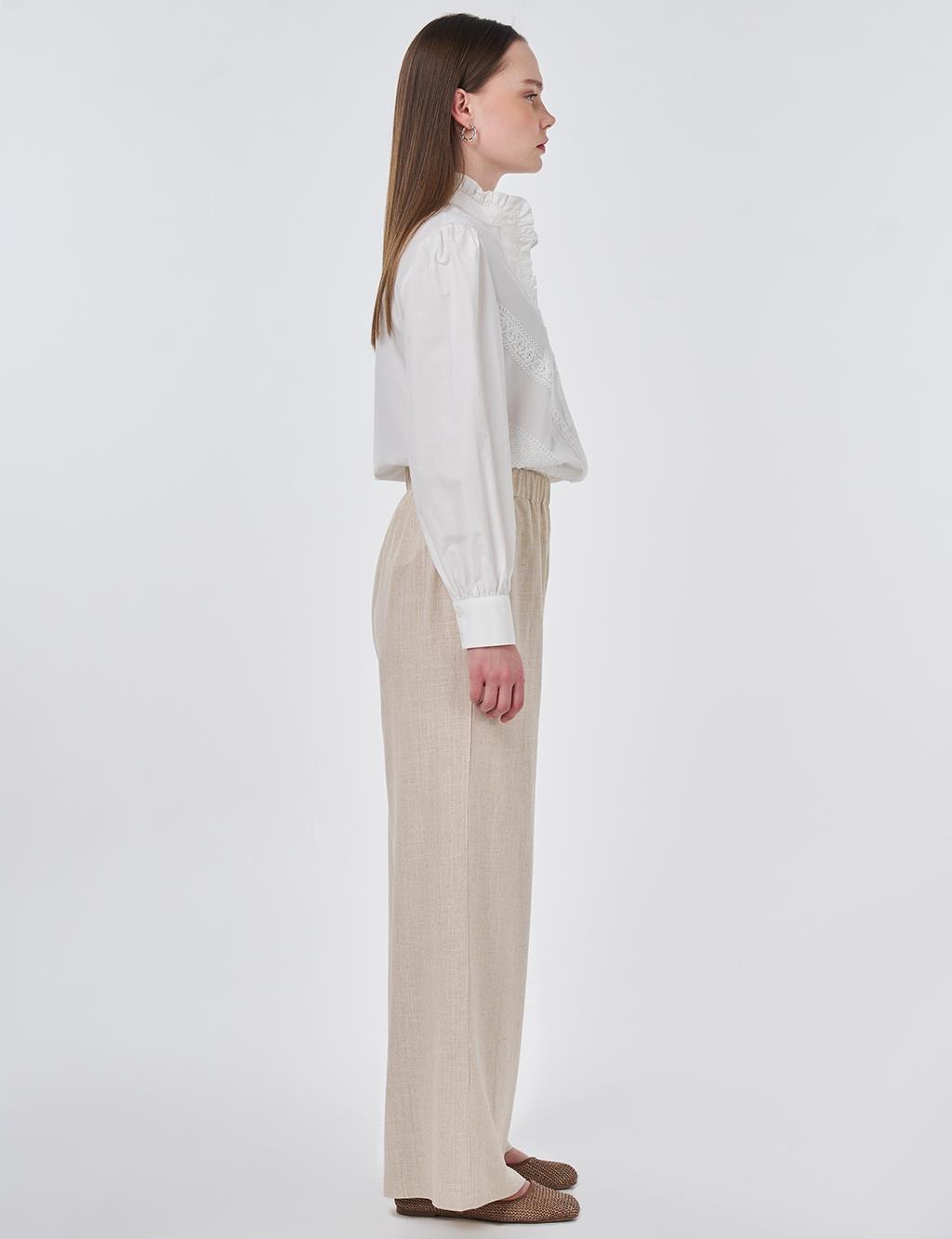 Bel Lastikli Keten Viskon Pantolon Taş