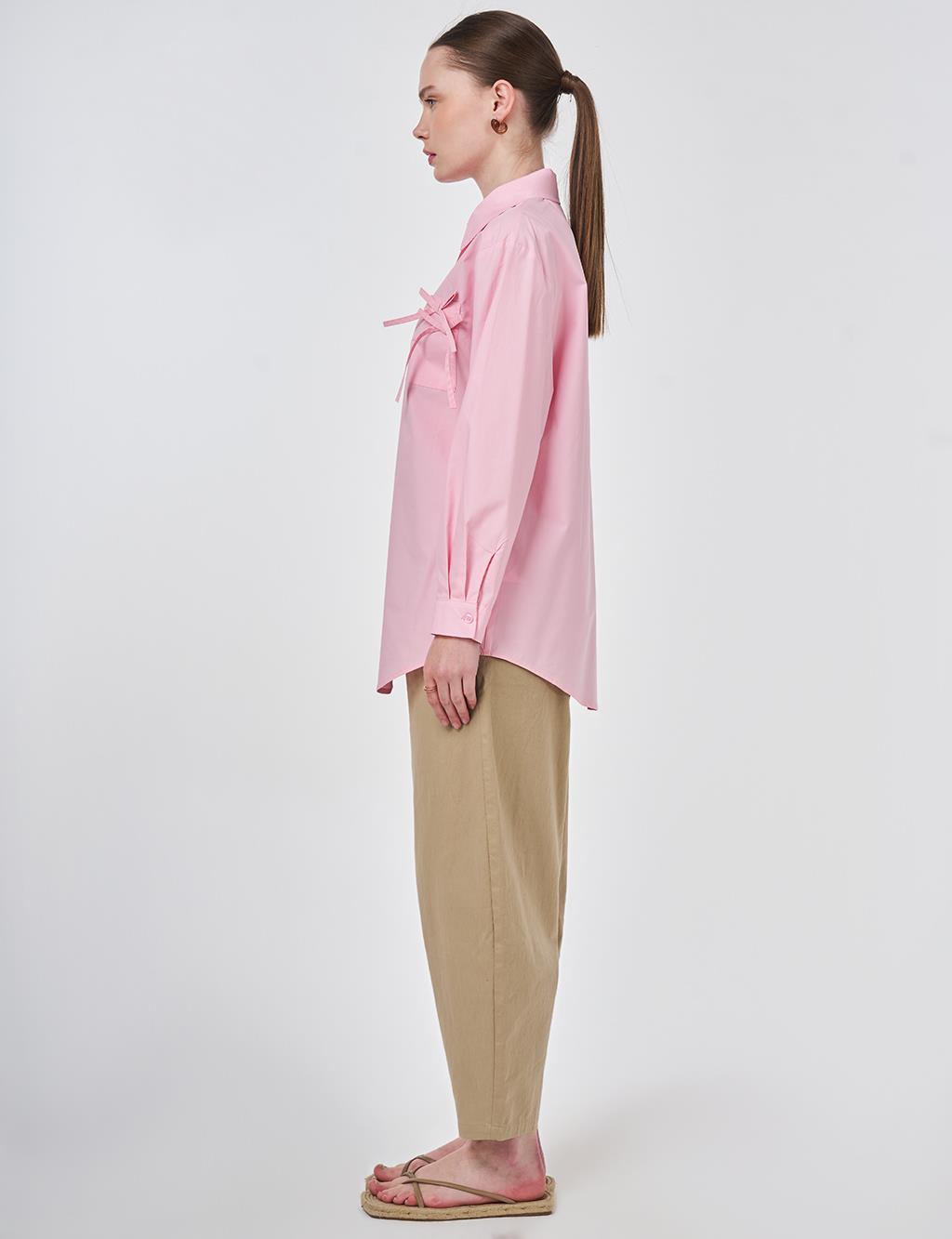 %100 Pamuklu Fiyonk Detaylı Bluz Şeker Pembe 