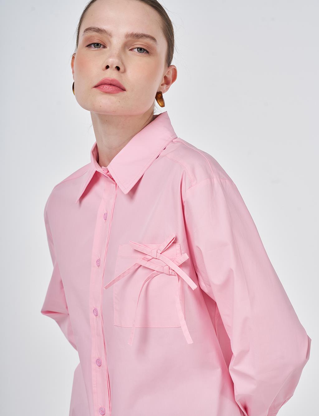 %100 Pamuklu Fiyonk Detaylı Bluz Şeker Pembe 