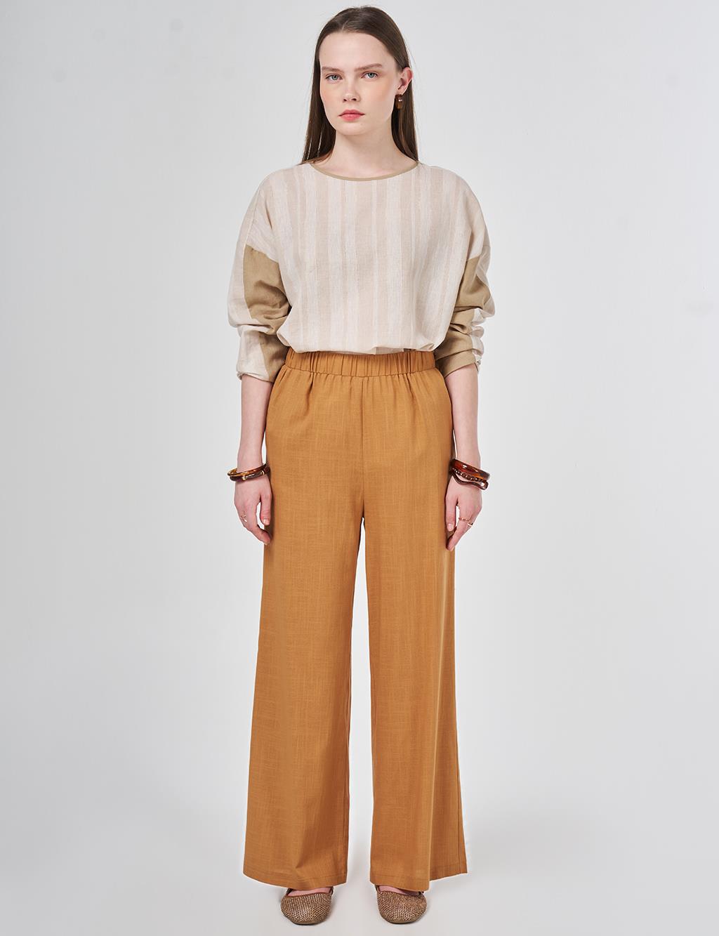 Bel Lastikli Keten Viskon Pantolon Taba