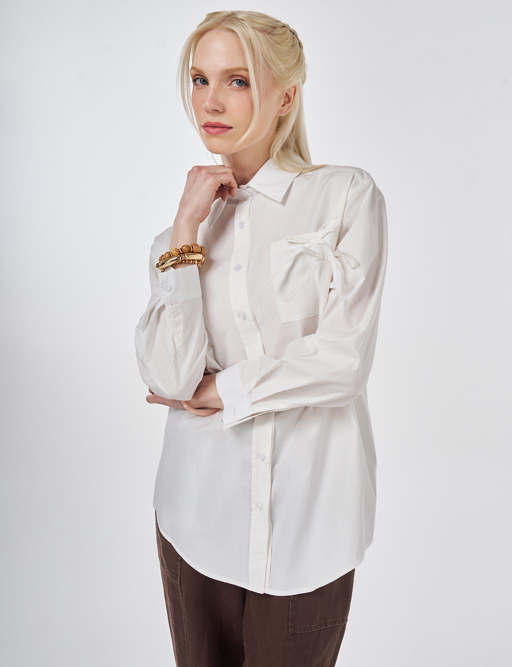 %100 Pamuklu Fiyonk Detaylı Bluz Optik Beyaz 