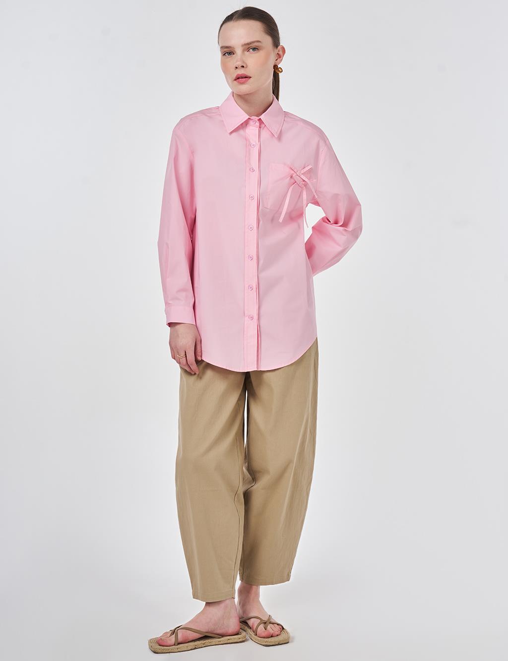 %100 Pamuklu Fiyonk Detaylı Bluz Şeker Pembe 