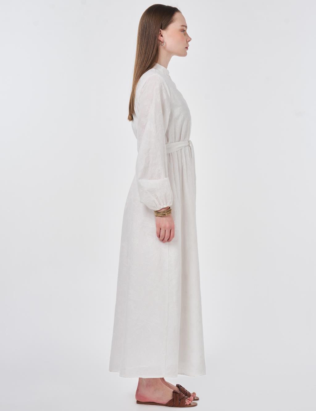 100% Cotton Embroidered Dress, Ecru