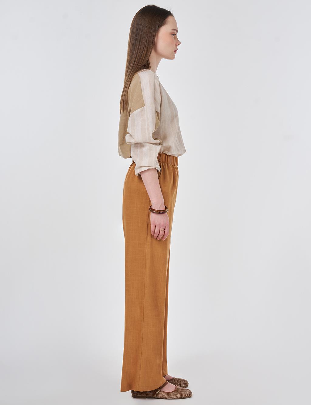 Bel Lastikli Keten Viskon Pantolon Taba