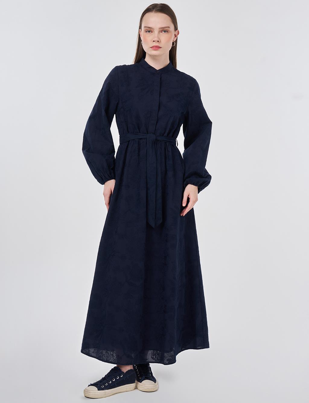 100% Cotton Embroidered Dress, Dark Navy