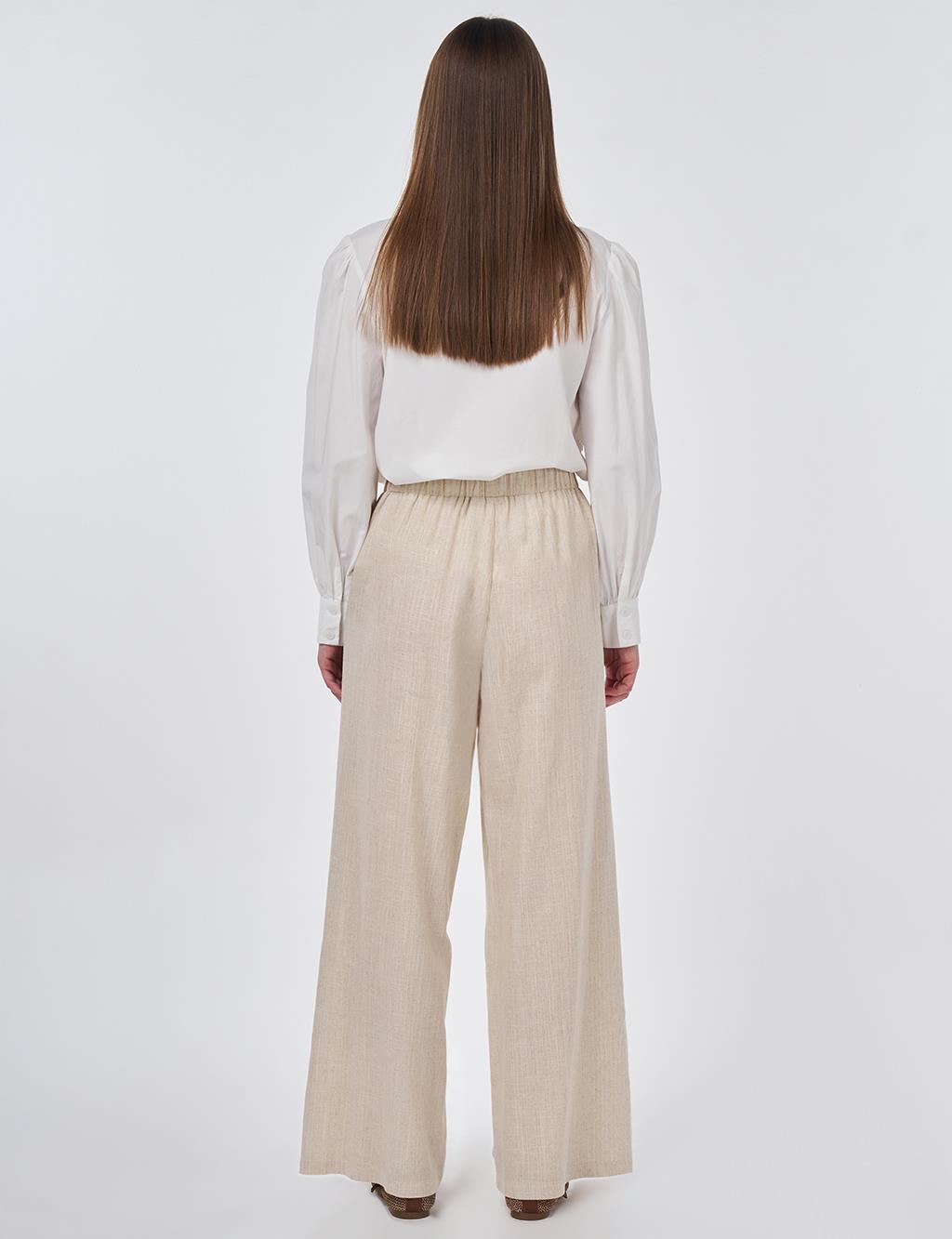 Bel Lastikli Keten Viskon Pantolon Taş