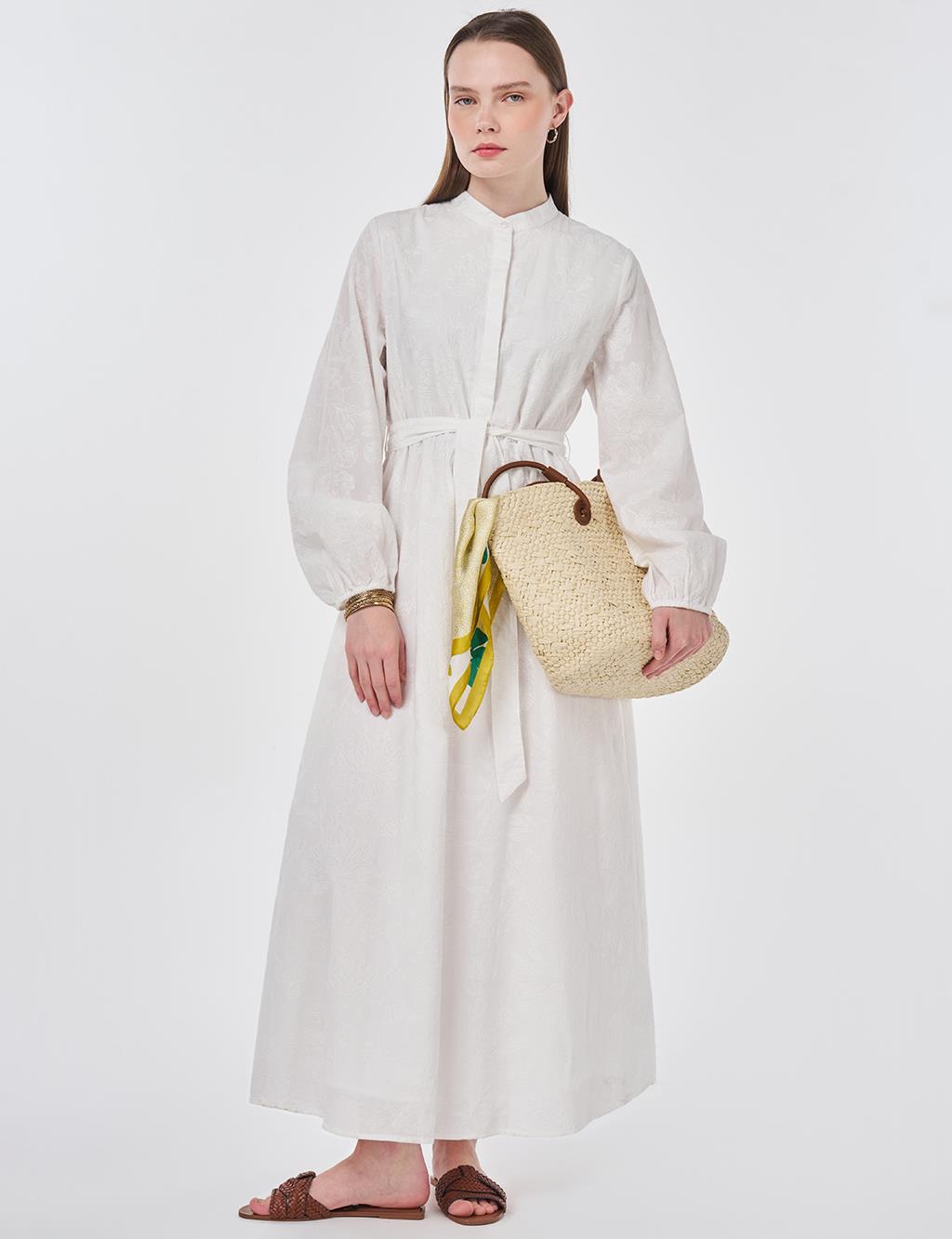 100% Cotton Embroidered Dress, Ecru