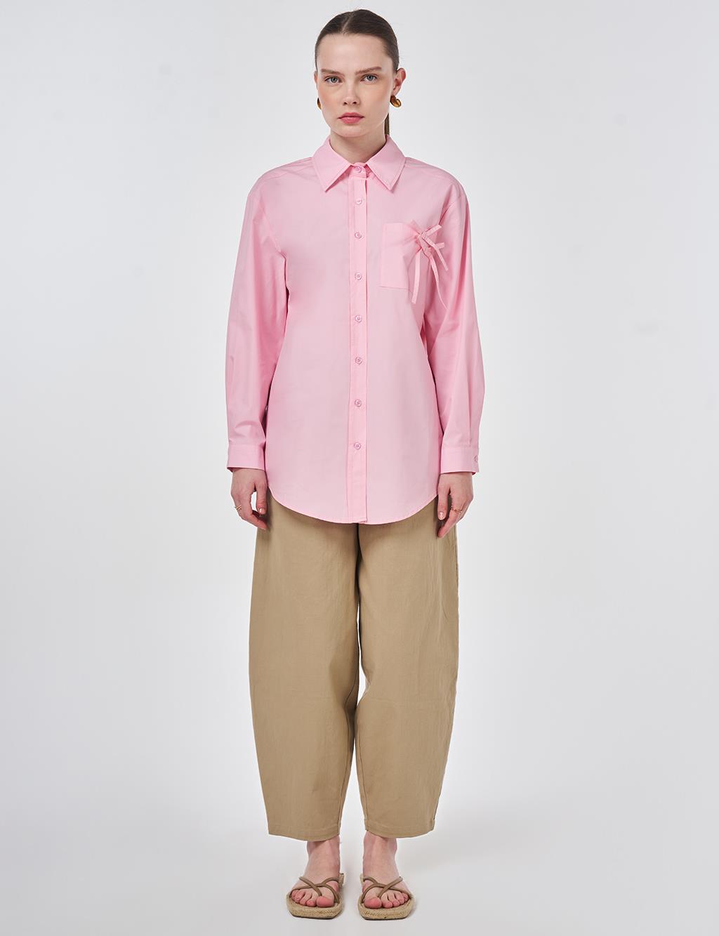 %100 Pamuklu Fiyonk Detaylı Bluz Şeker Pembe 