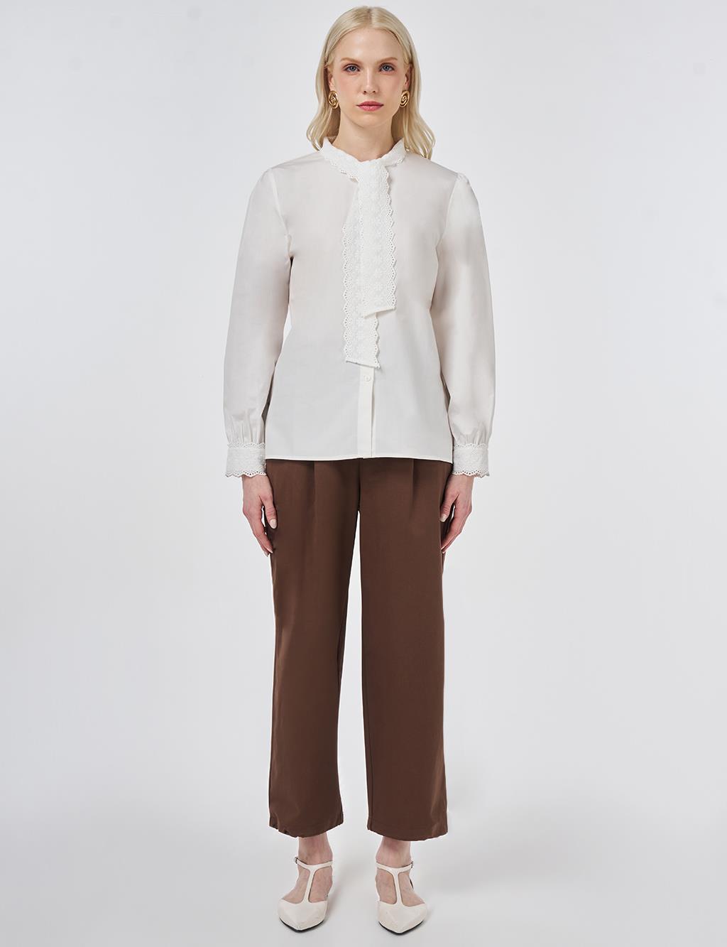 %100 Pamuklu Dantel Garnili Bluz Optik Beyaz 