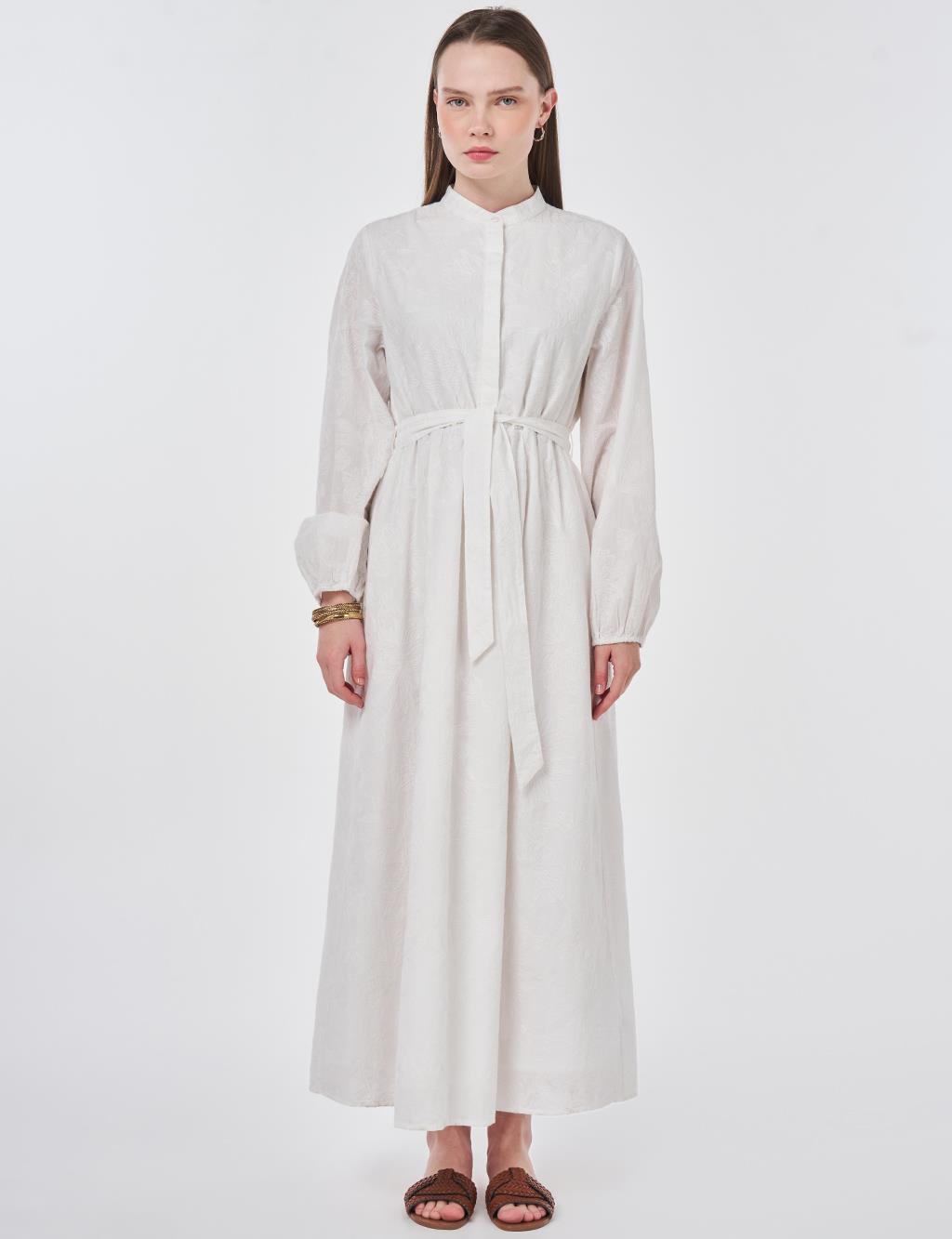 100% Cotton Embroidered Dress, Ecru