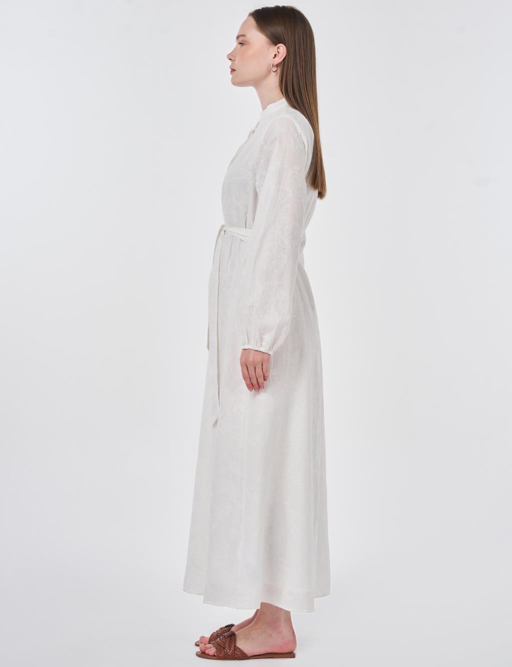 100% Cotton Embroidered Dress, Ecru