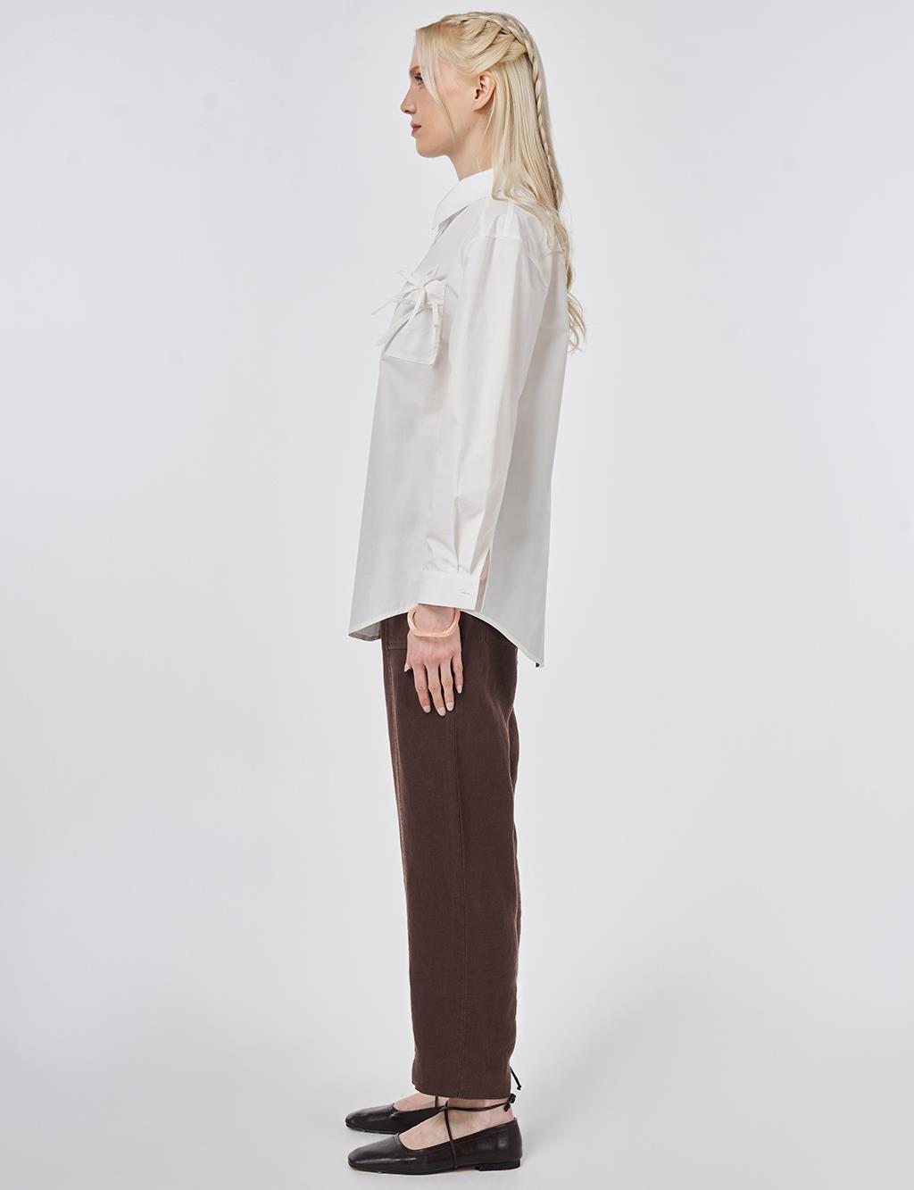 %100 Pamuklu Fiyonk Detaylı Bluz Optik Beyaz 