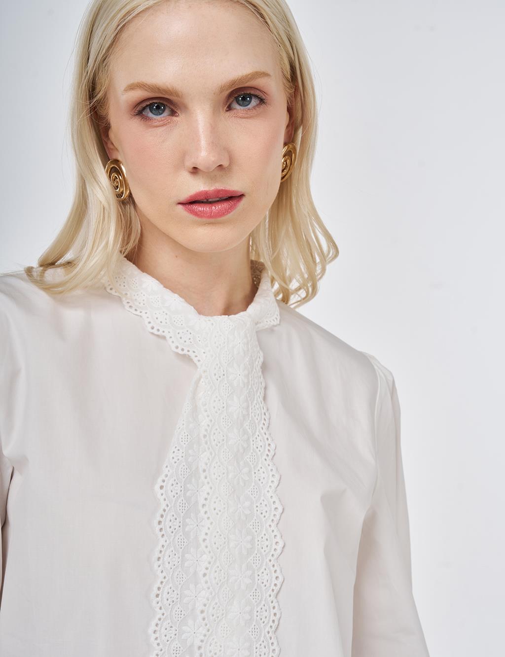 %100 Pamuklu Dantel Garnili Bluz Optik Beyaz 