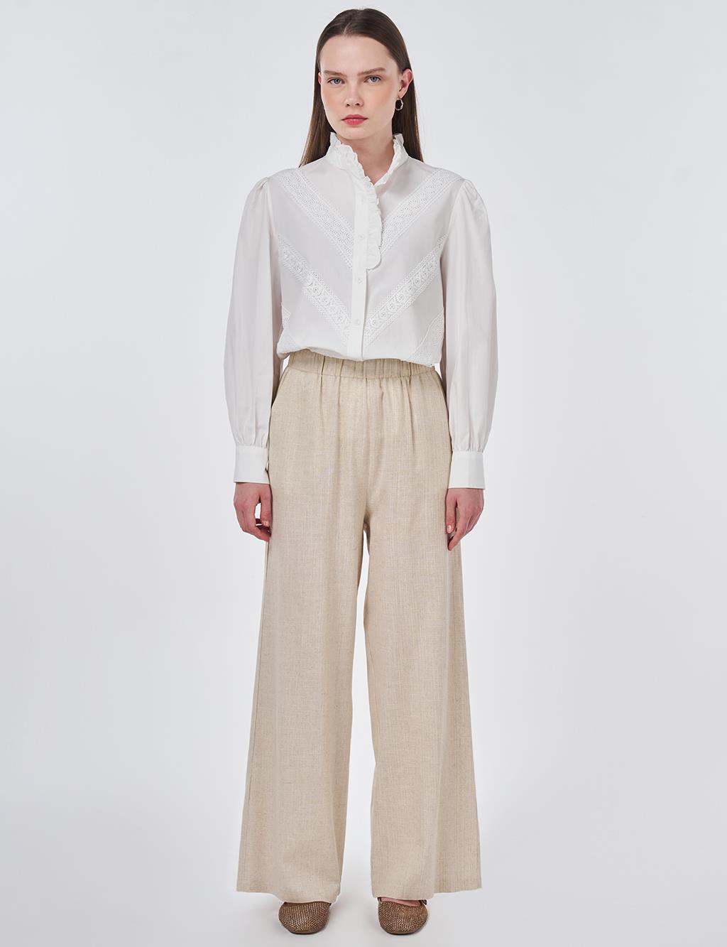 Bel Lastikli Keten Viskon Pantolon Taş