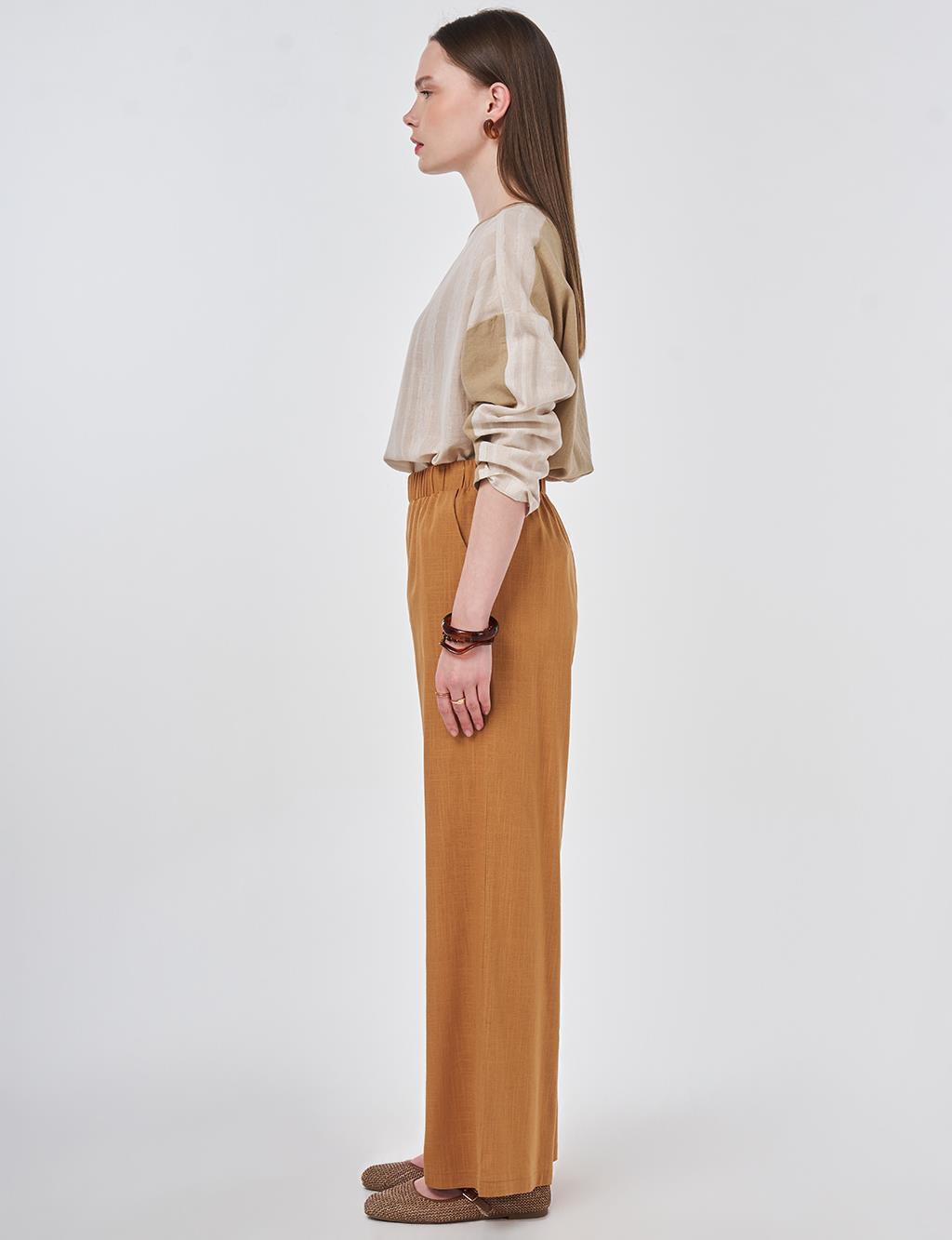 Bel Lastikli Keten Viskon Pantolon Taba