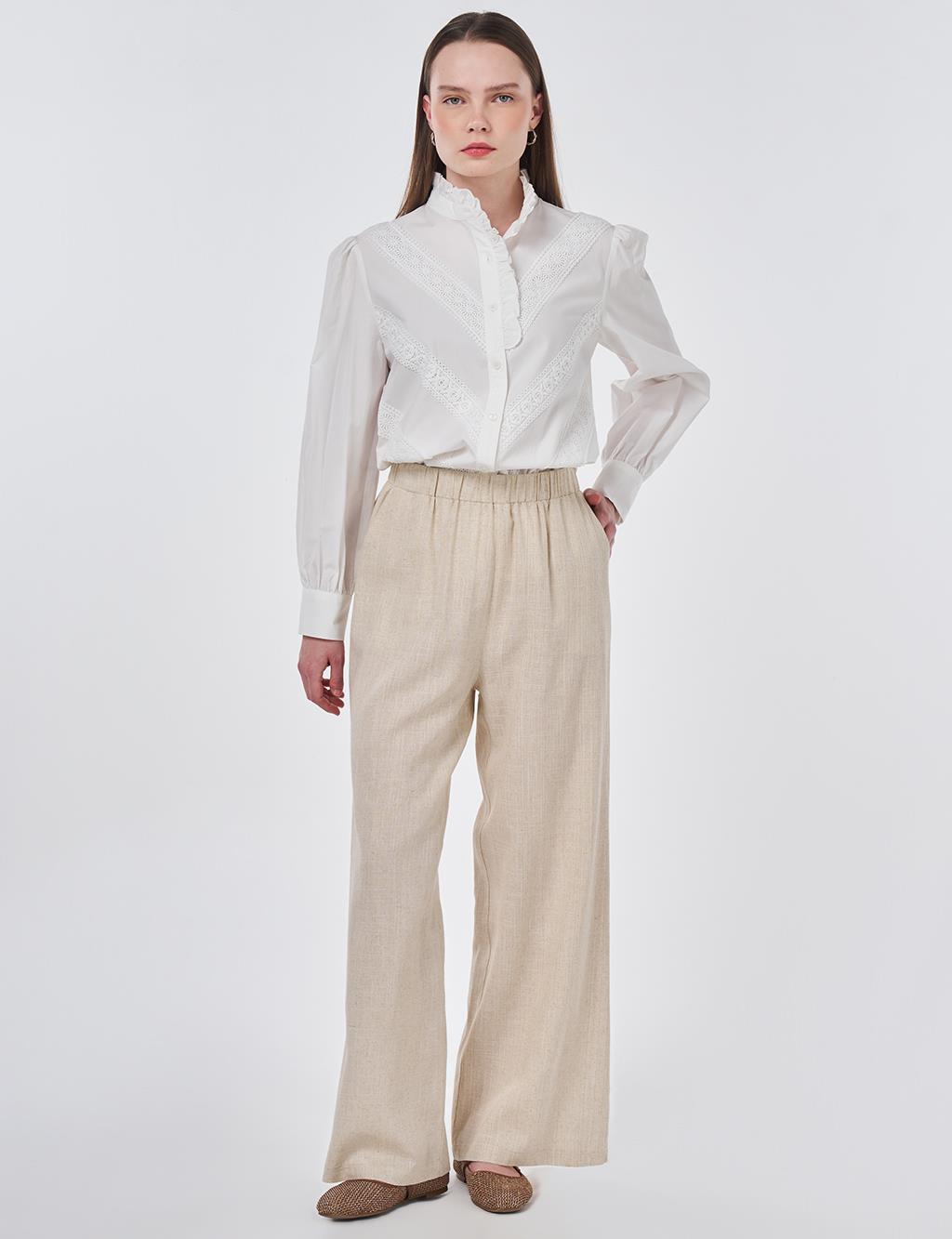 Bel Lastikli Keten Viskon Pantolon Taş