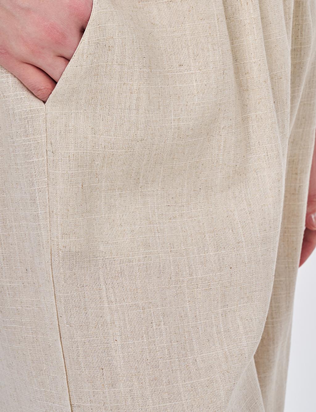 Bel Lastikli Keten Viskon Pantolon Taş