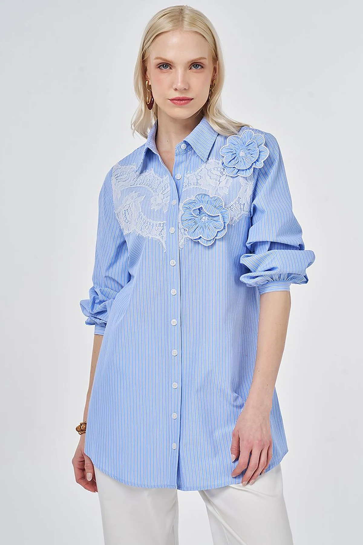 Lace-Trimmed Cotton-Viscose Tunic Light Aviator Blue