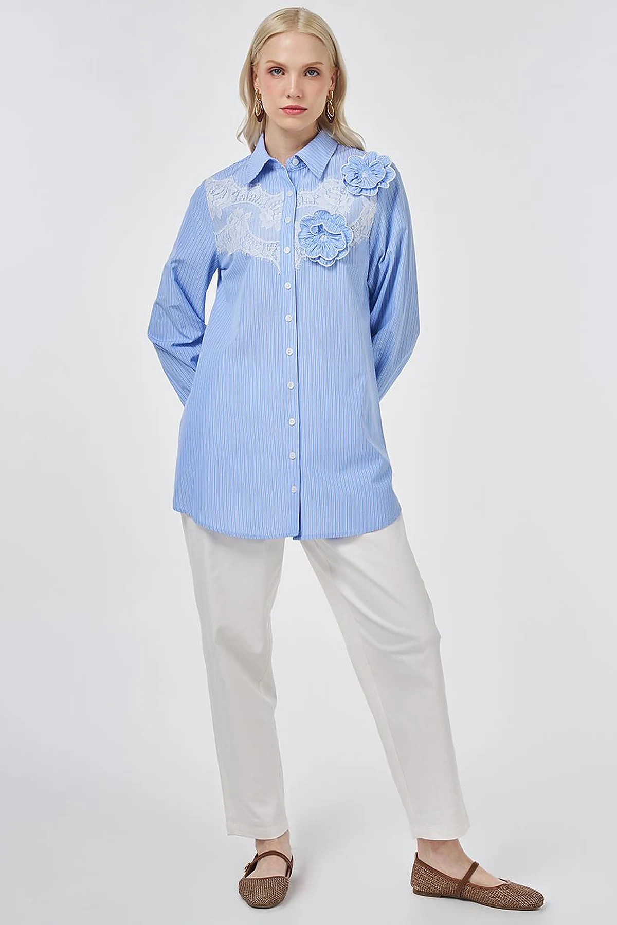 Lace-Trimmed Cotton-Viscose Tunic Light Aviator Blue