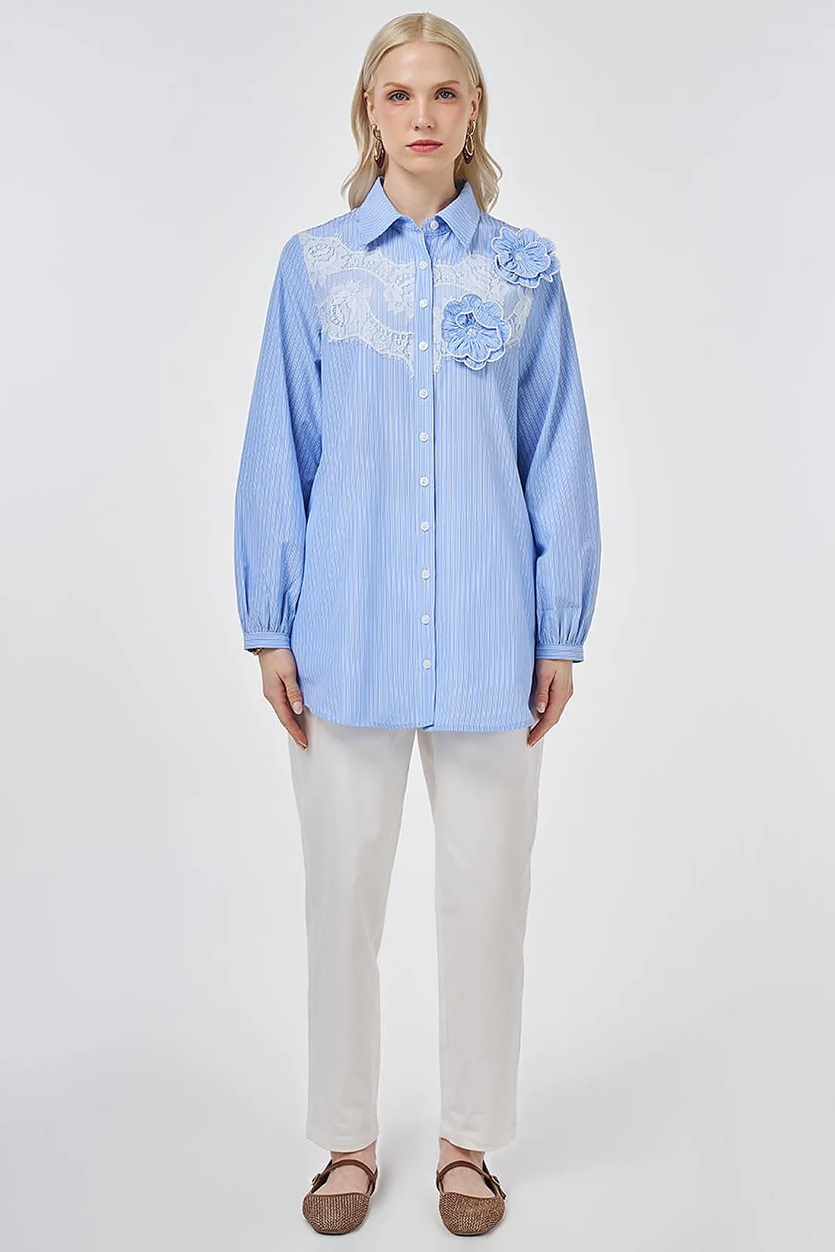 Lace-Trimmed Cotton-Viscose Tunic Light Aviator Blue