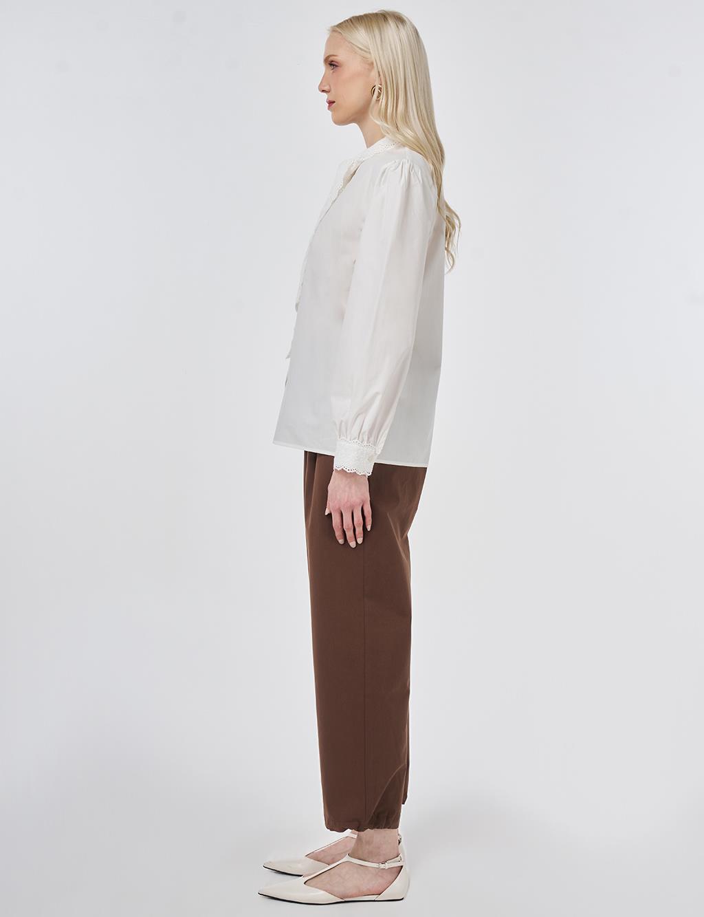 %100 Pamuklu Dantel Garnili Bluz Optik Beyaz 