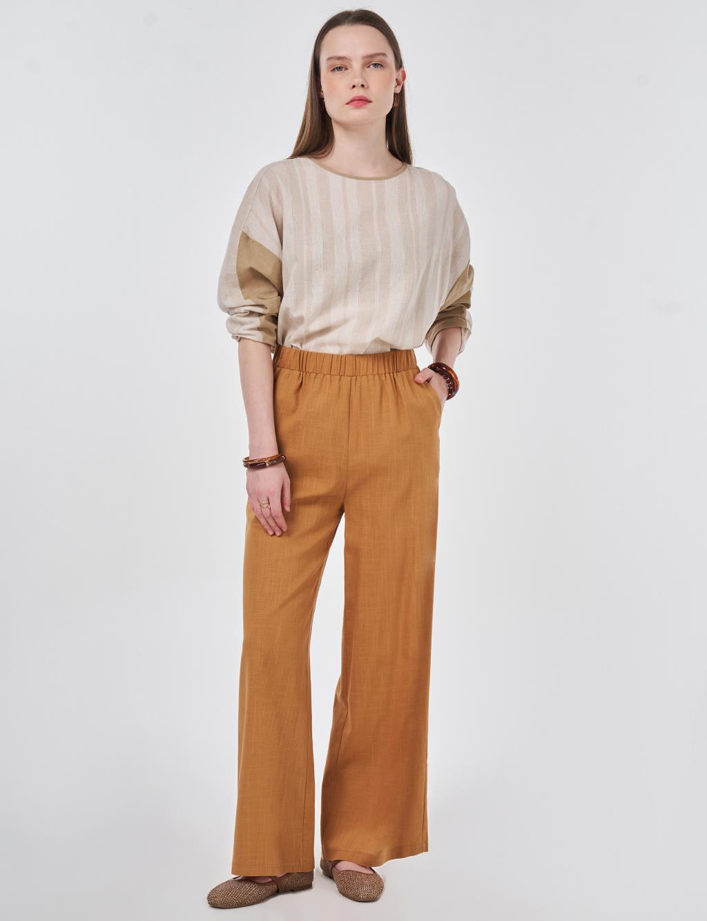 Bel Lastikli Keten Viskon Pantolon Taba