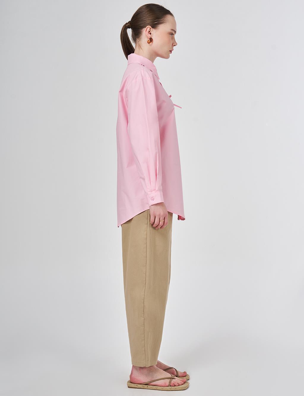 %100 Pamuklu Fiyonk Detaylı Bluz Şeker Pembe 