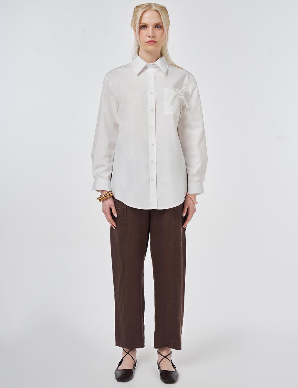 %100 Pamuklu Fiyonk Detaylı Bluz Optik Beyaz 