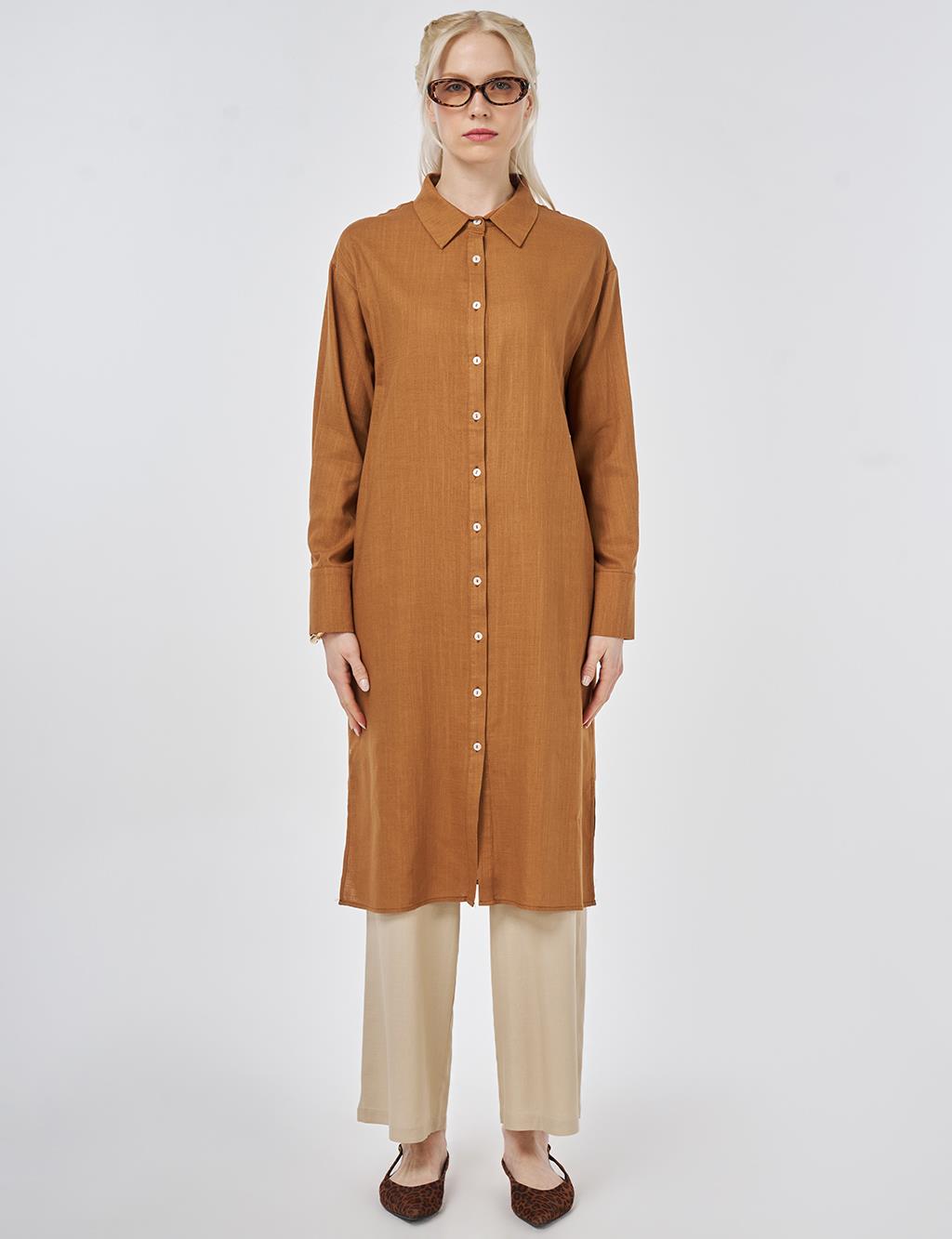 Linen Viscose Long Tunic, Tan