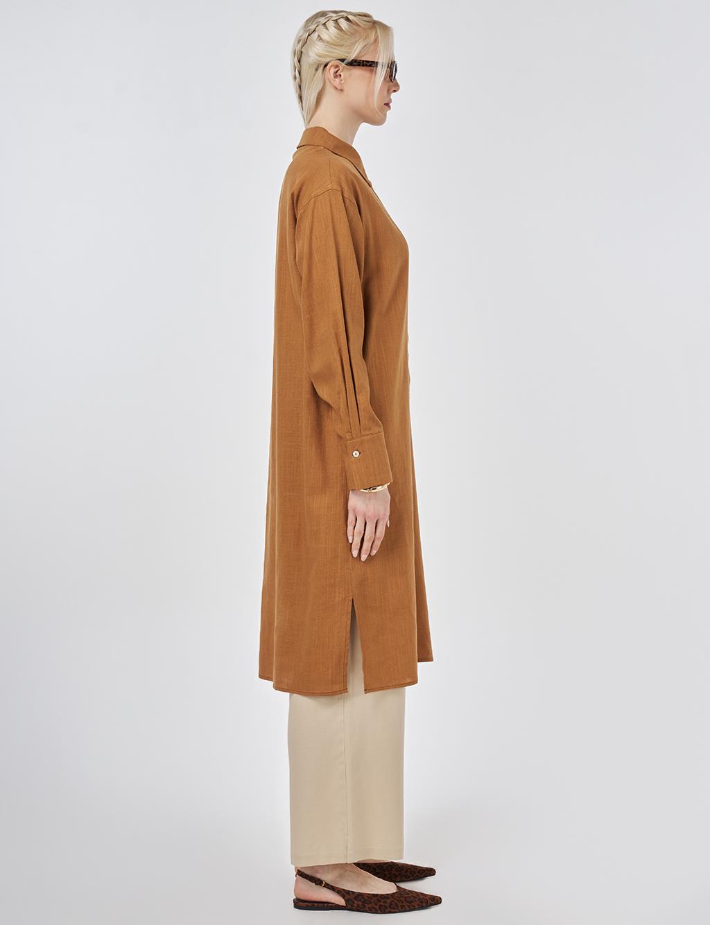 Linen Viscose Long Tunic, Tan