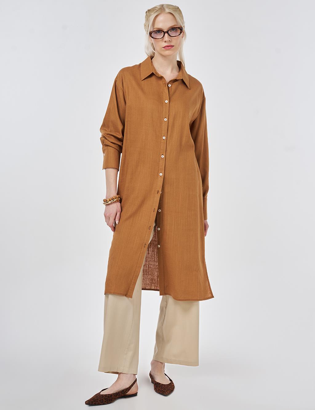 Linen Viscose Long Tunic, Tan