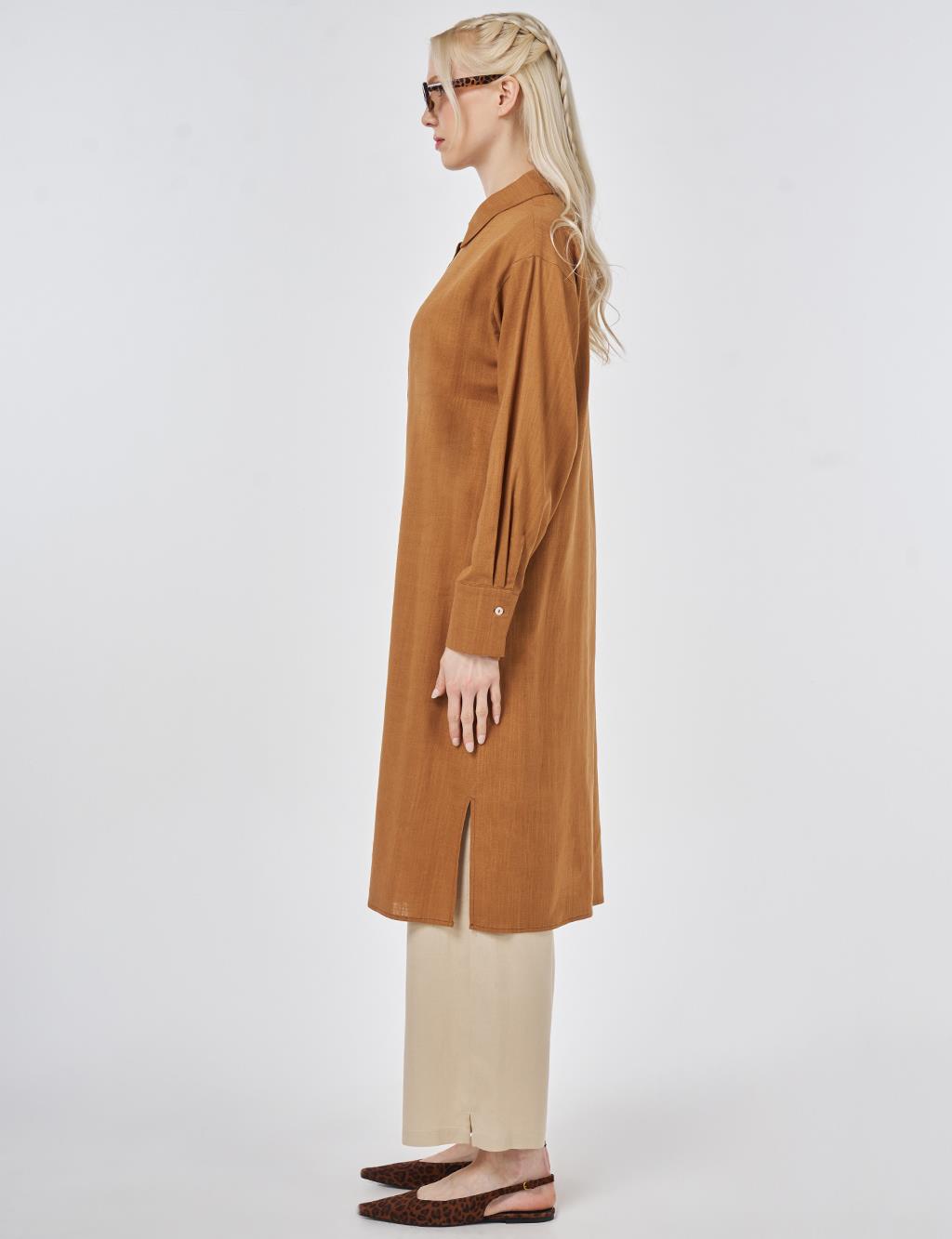 Linen Viscose Long Tunic, Tan
