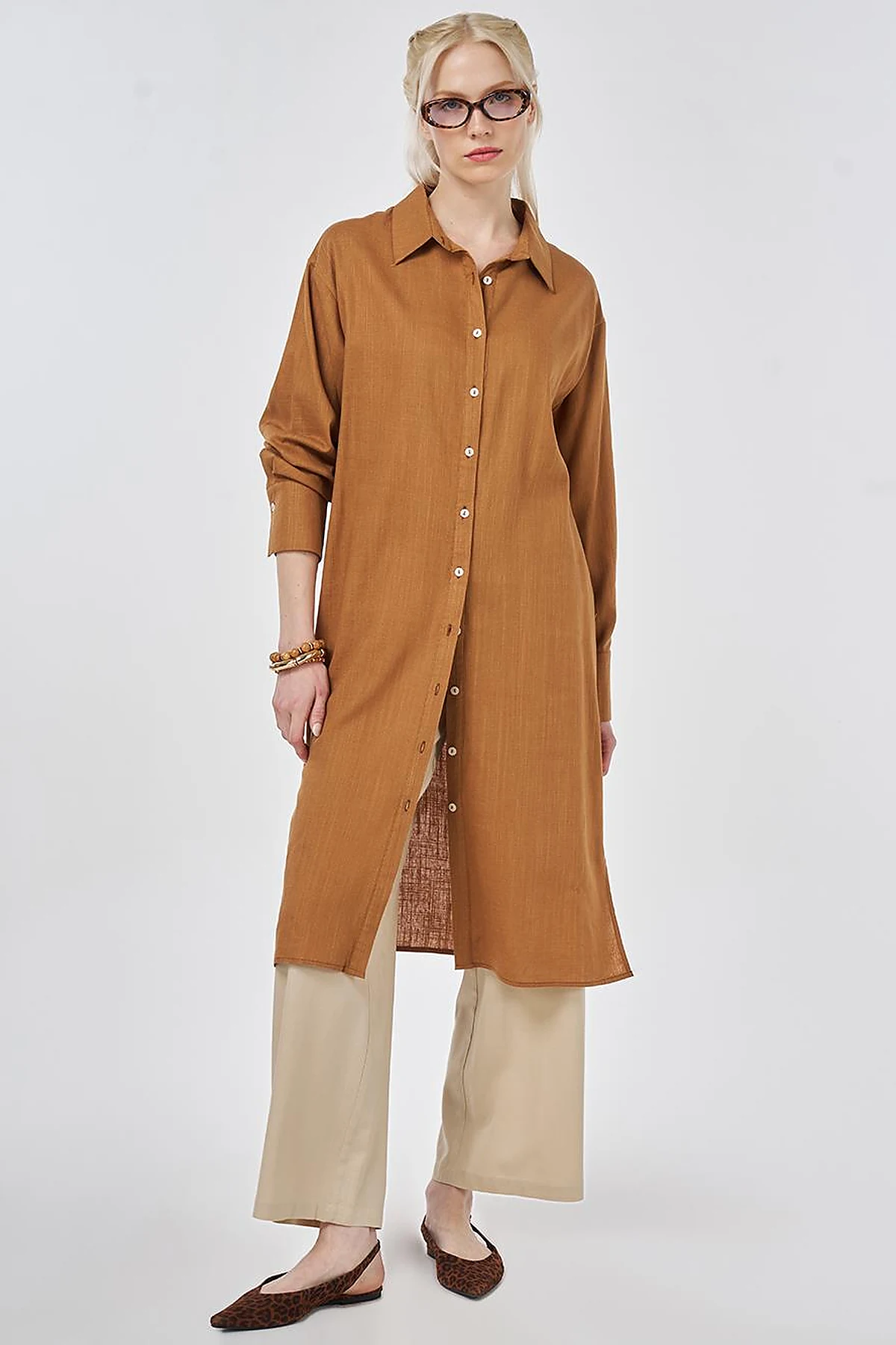 Linen Viscose Long Tunic, Tan