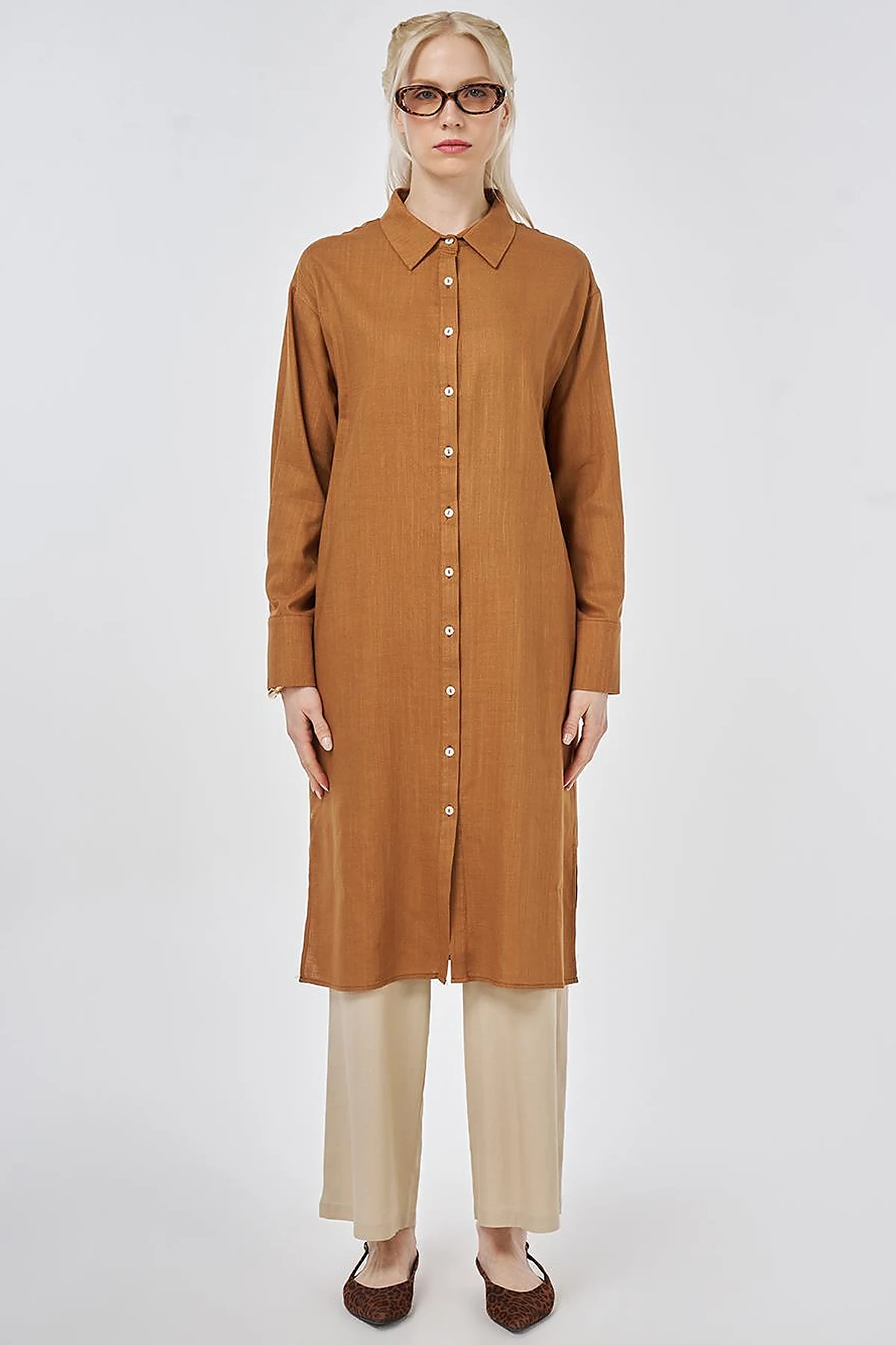 Linen Viscose Long Tunic, Tan