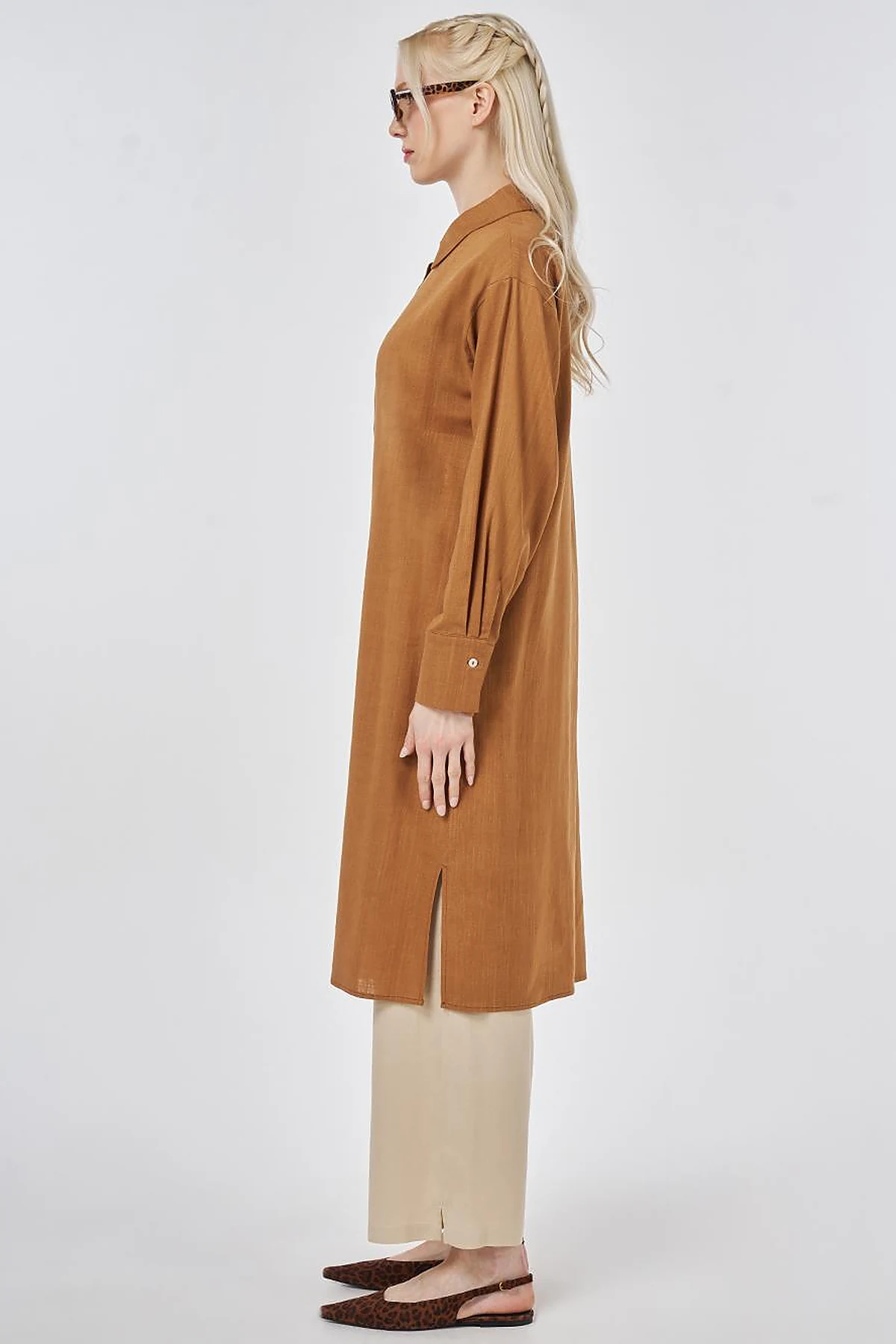 Linen Viscose Long Tunic, Tan