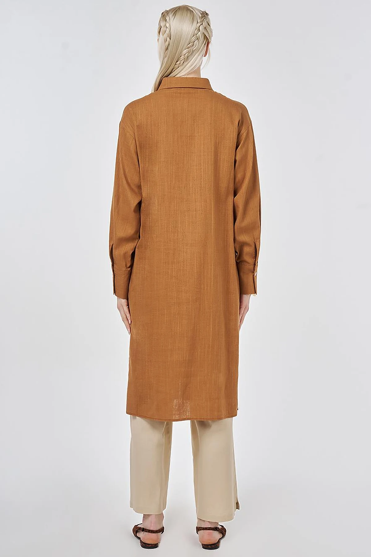 Linen Viscose Long Tunic, Tan