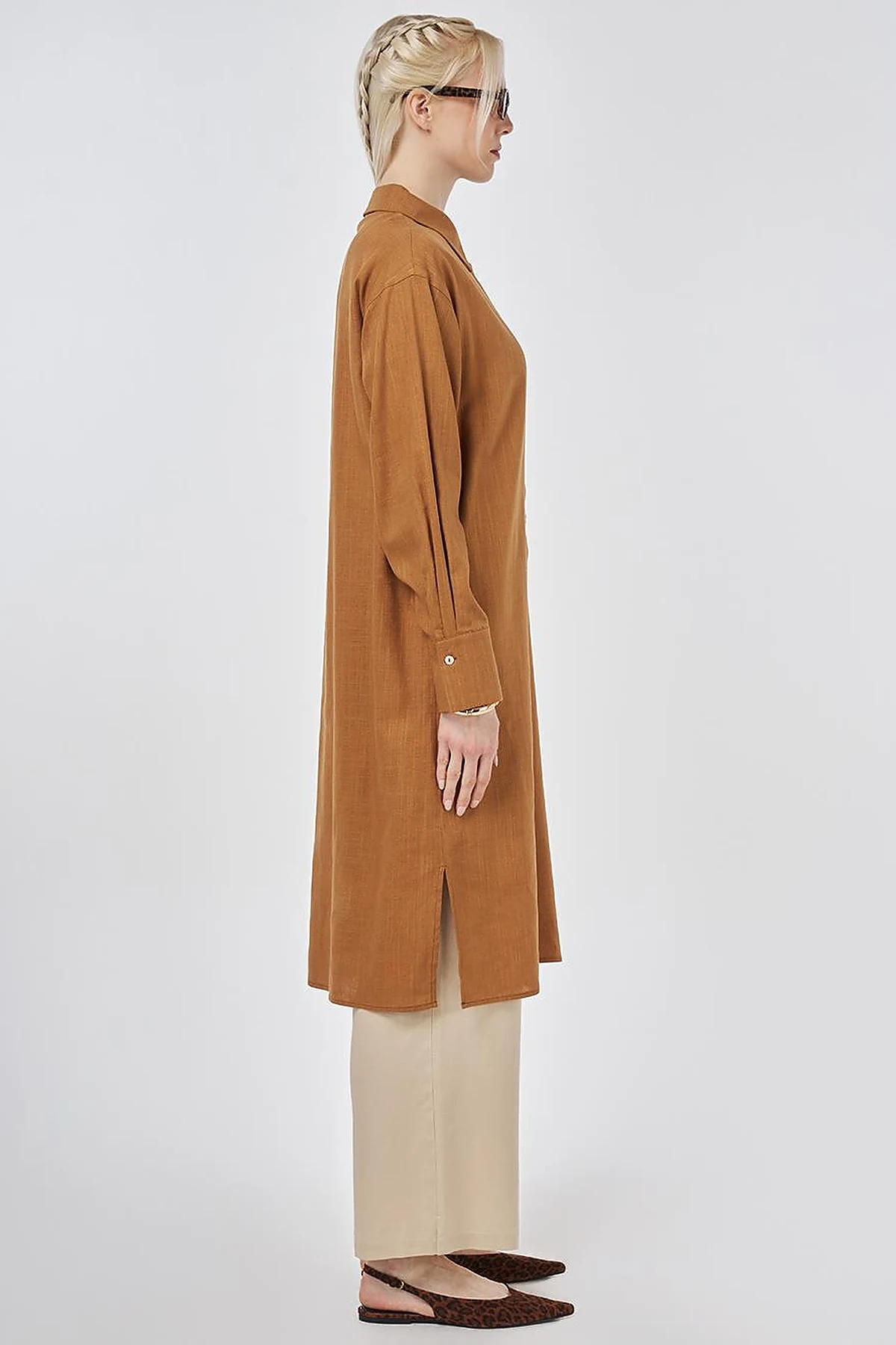 Linen Viscose Long Tunic, Tan