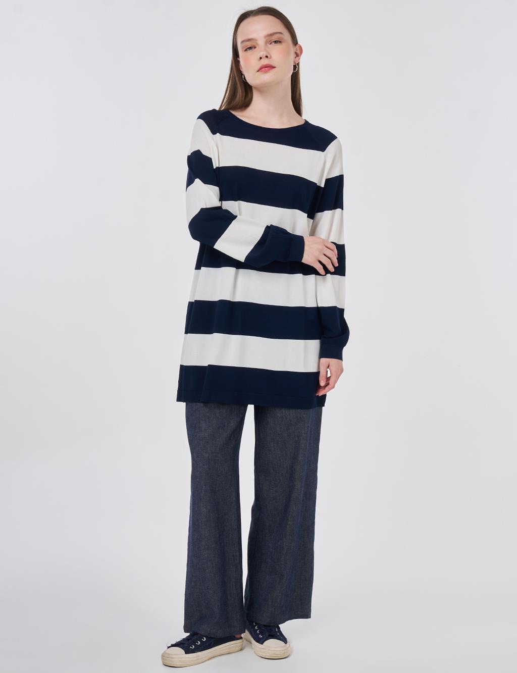 Striped Knit Tunic Dark Navy