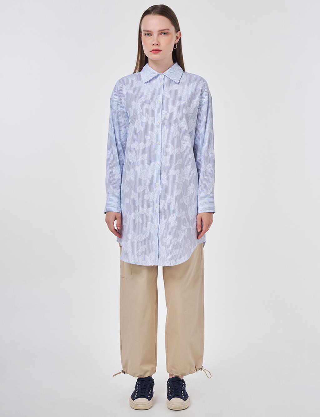 Nakış Aplikeli Pamuk Modal Tunik Mavi