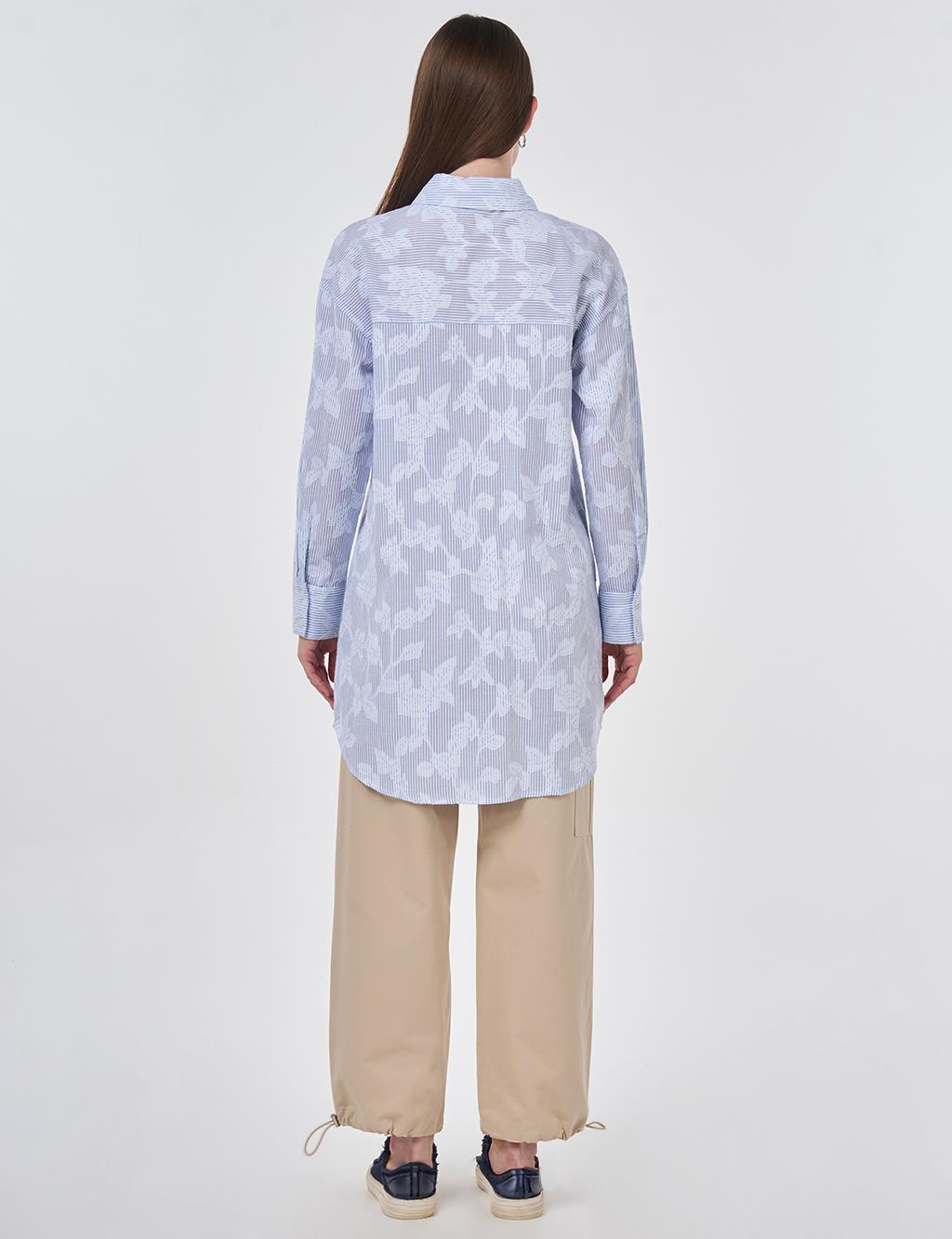 Nakış Aplikeli Pamuk Modal Tunik Mavi