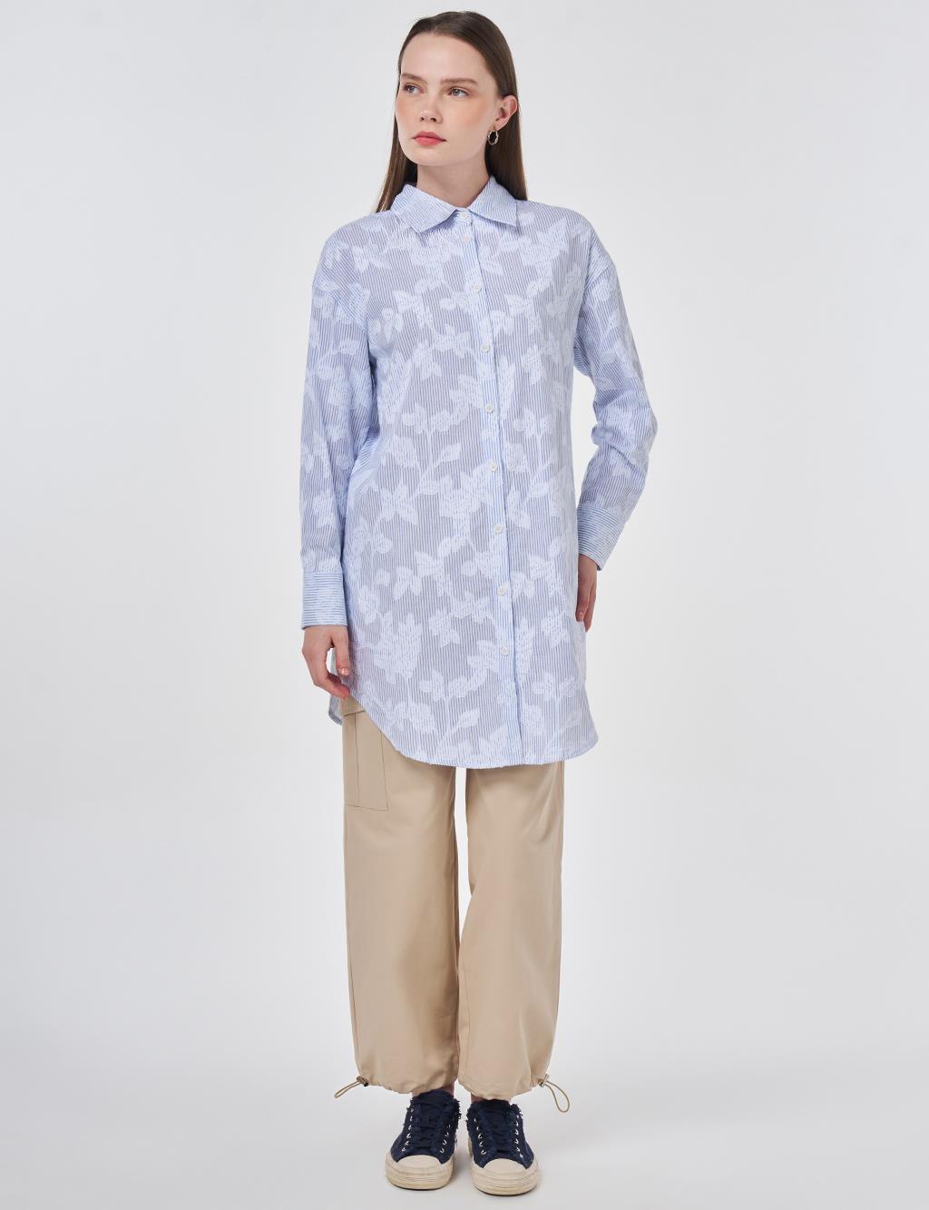 Nakış Aplikeli Pamuk Modal Tunik Mavi