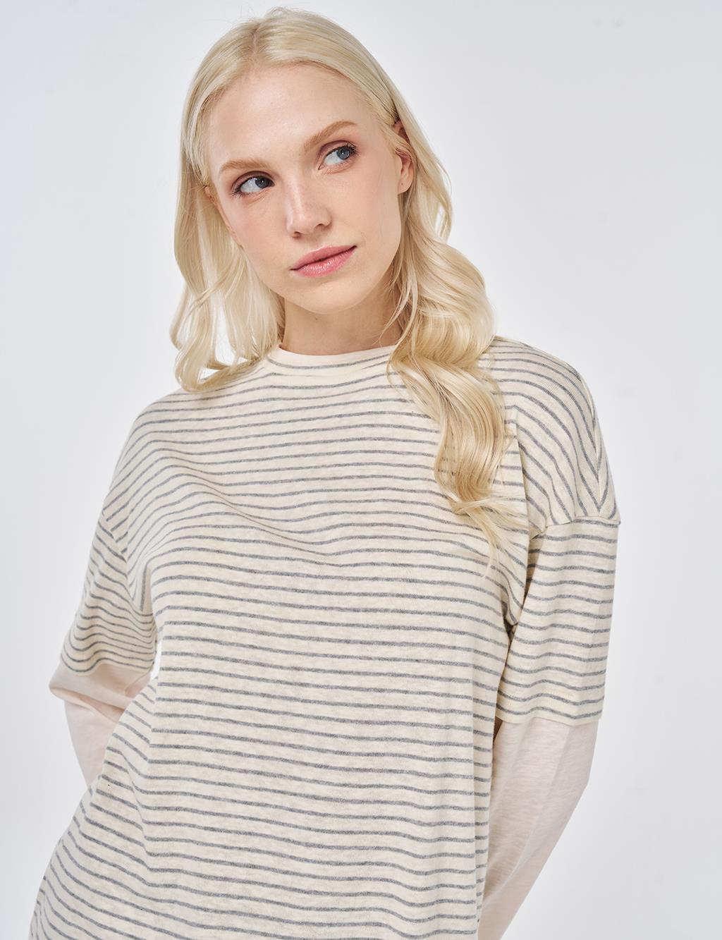 Striped Cotton Sweatshirt Light Gray